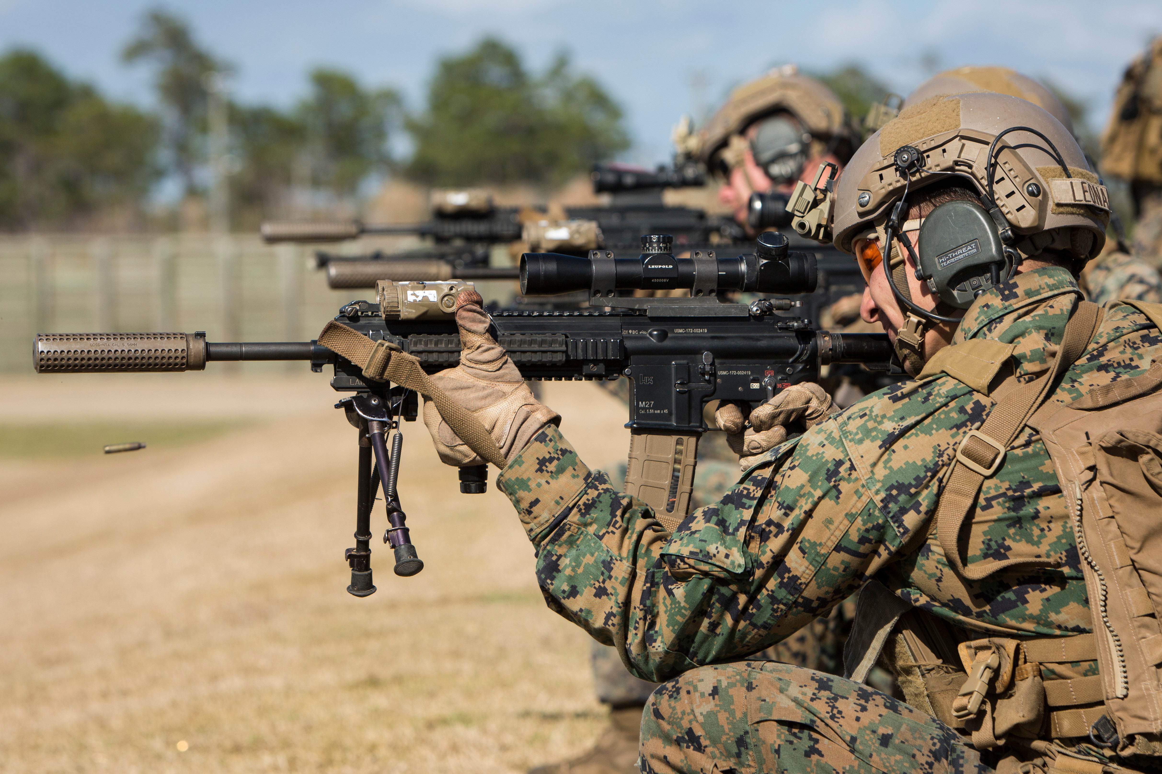 Marines with 3rd Battalion, 6th Marine Regiment, conduct a live-fire exercise during infantry squad movement evaluation at Camp Lejeune, N.C., Feb. 21, 2018. The division evaluates the rifle squads to determine the most proficient and capable squad. The competition is designed to emphasize the correct conduct of tactics, techniques, procedures, and will while fostering a healthy competition. Marine Corps photo by Lance Cpl. Christian J. Robertson