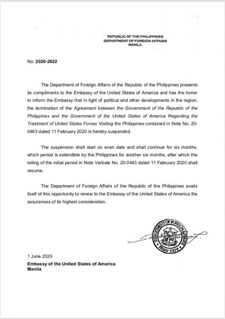 Philippines Visiting Forces Agreement Termination Suspended upon The 