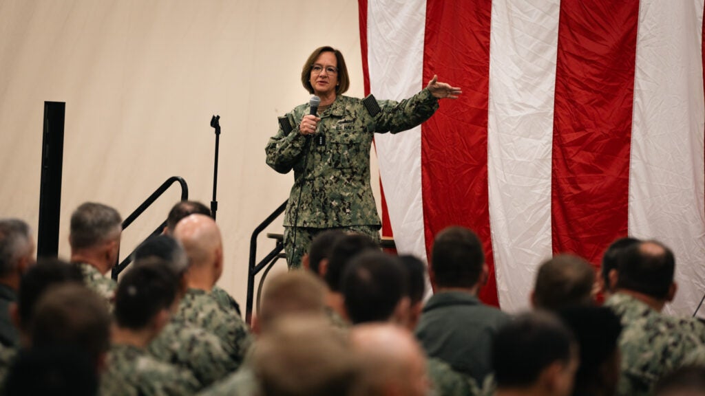 NAVAL STATION MAYPORT, Fla. - (October 11, 2023) Adm. Lisa Franchetti, Vice Chief of Naval Operations, addresses Sailors questions at an all hands call during a scheduled visit to Naval Station Mayport, Oct. 11, 2023. Naval Station Mayport is the largest operational command in Navy Region Southeast. (U.S. Navy photo by Mass Communication Specialist 1st Class Brandon J. Vinson)