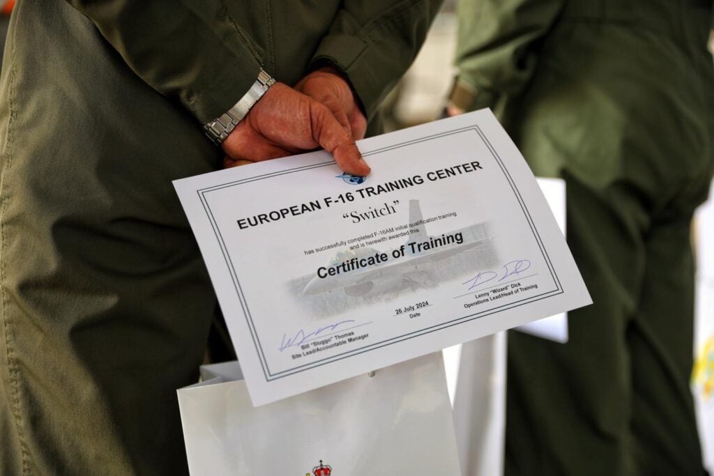 A certificate of training issued to one of the first batch of Romanian Air Force pilots to graduate from the European F-16 Training Center (Romanian Air Force)