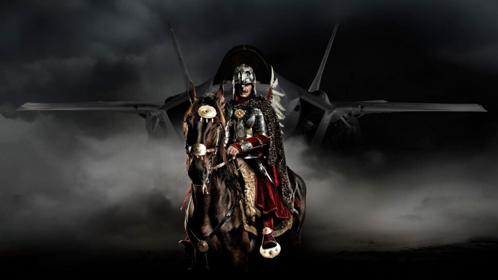 A hussar reenactor with a Polish F-35 (Lockheed Martin)