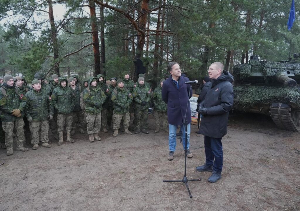 Latvian President Edgars Rinkēvičs addresses members of the NATO Multinational Brigade Latvia at the conclusion of Exercise Resolute Warrior 24 (Office of the Latvian President)