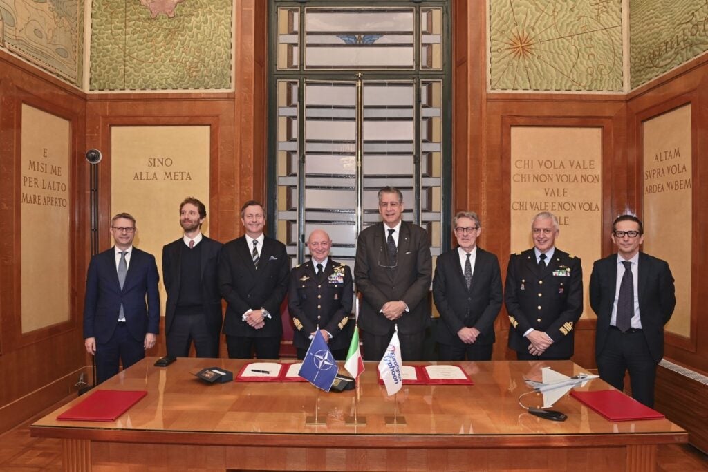 (left to right) Stephan Miegel, Eurofighter; Marco Zoff, MD Leonardo Aircraft Division; AVM Simon Ellard (ret.), GM NETMA; Lt. Gen. Luca GORETTI, Italian Air Force Chief of Staff; Stefano Pontecorvo, Chairman of Leonardo; Giancarlo Mezzanatto, CEO, Eurofighter; Gen. Giuseppe Lupoli, Directorate for Air Armaments and Airworthiness - Armaereo; Brigadier General Flavio Guercio, Director of Operations and Engineering, NETMA