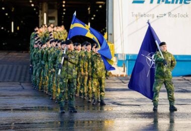 The Swedish Mechanised Infantry Battalion arrive in Latvia to join the NATO Multinational Brigade Latvia at Riga Central Terminal, Latvia, on 18 January, 2025. Photo Credit: Ministry of Defence, Republic of Latvia