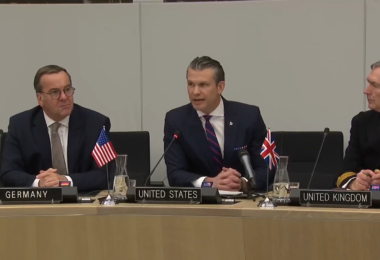 US Defense Secretary Pete Hegseth speaks at a meeting of the Ukraine Defense Contact Group in Brussels on February 12, 2025 (US Department of Defense live feed screenshot)