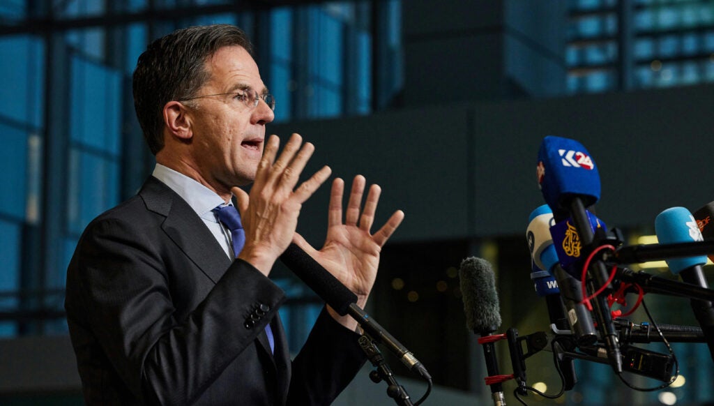 NATO Secretary General Mark Rutte gives a doorstep speech at the start of the meeting of NATO Ministers of Defence in Brussels (NATO Media Office)