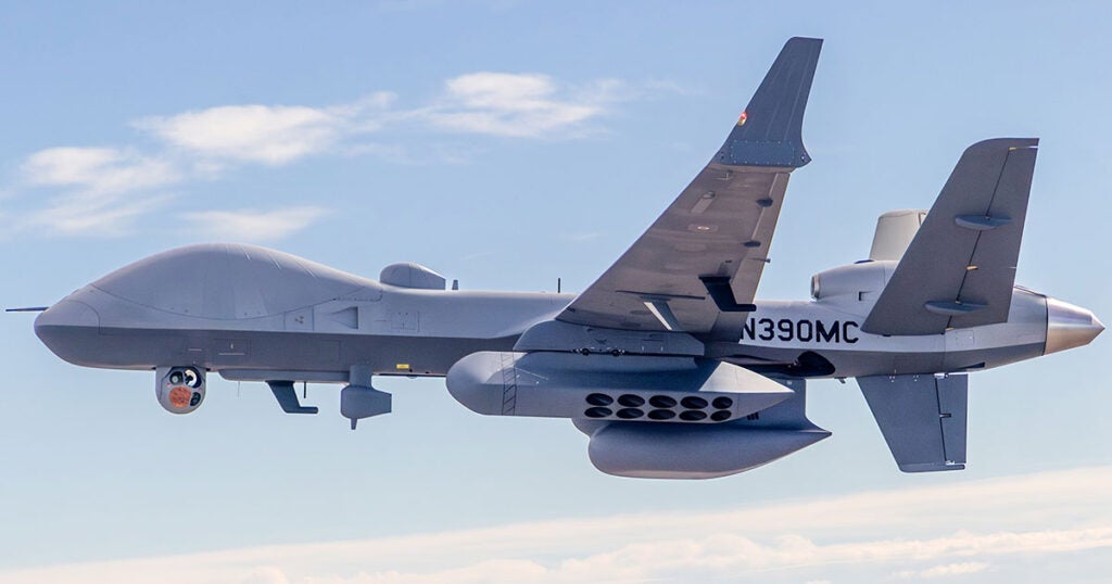 A MQ-9B SeaGuardian equipped with sonobuoy dispenser pods (General Atomics Aeronautical Systems)