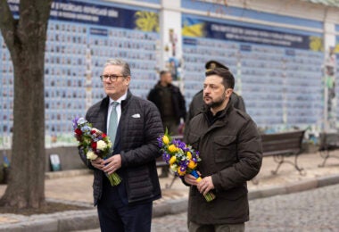 16/01/2025. Kyiv, Ukraine. Prime Minister Keir Starmer visits a Memorial Wall with President of Ukraine Volodymyr Zelenskyy as he visits Ukraine. Picture by Simon Dawson / No 10 Downing Street