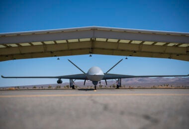 A General Atomics MQ-20 Avenger unmanned vehicle prepares to start up at El Mirage Airfield, Calif. June 24, 2021. The Skyborg team conducted a multiple-hour flight test of the Skyborg Autonomy Core System aboard the General Atomics MQ-20 Avenger unmanned vehicle during Edwards Air Force Base’s Orange Flag 21-2. (U.S. Air Force photo by Staff Sgt. Tabatha Arellano)