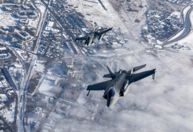 A Royal Norwegian Air Force F-35A over Poland with a Polish Air Force F-16 (Royal Norwegian Air Force)